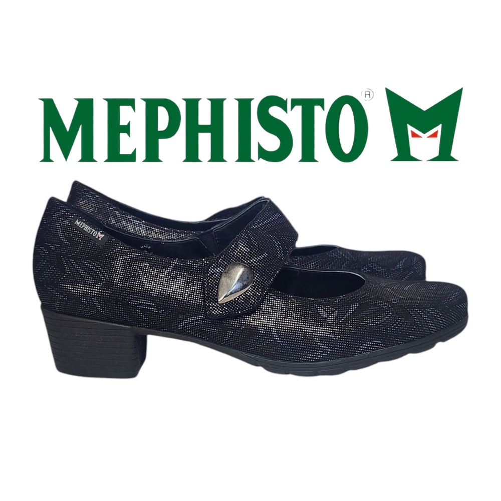 Mephisto Sz 10 Air-Jet Geometric Pixelated Printed Leather Mary Jane Pumps.